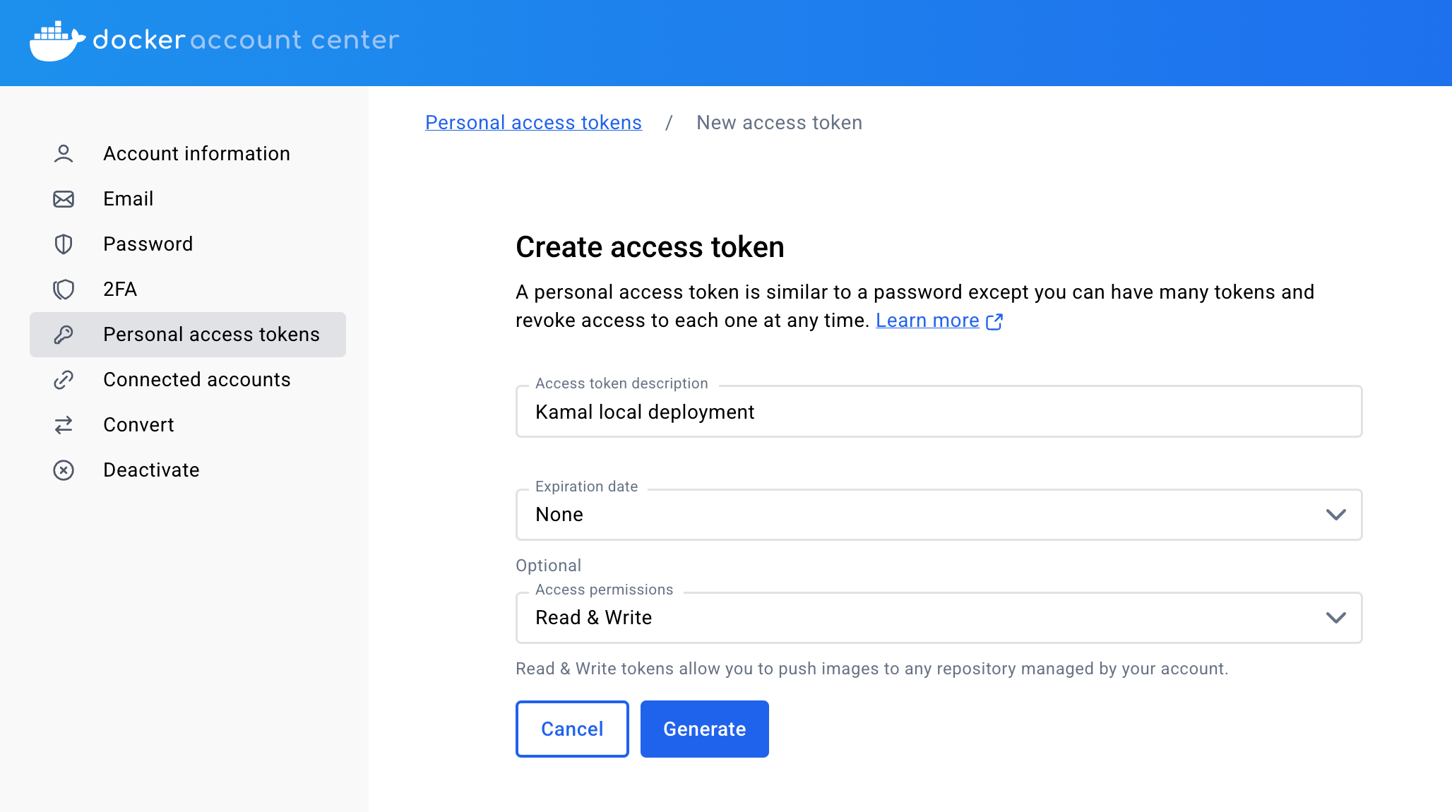 Docker Hub's access token settings page